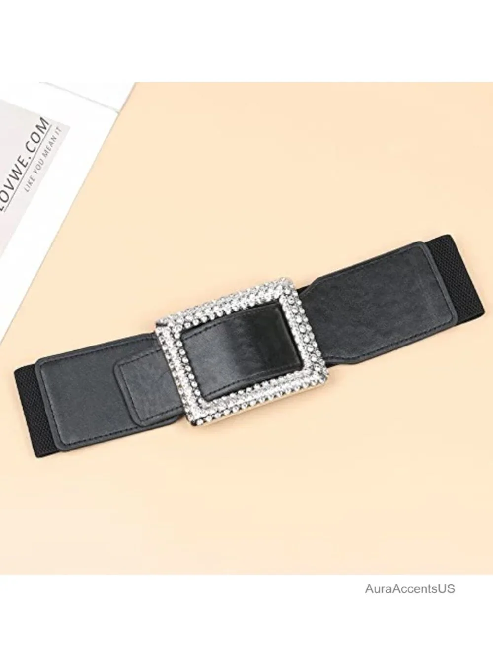 Elastic Wide Waist Belt Stretchy Retro Cinch Belt with Rhinestone Buckle